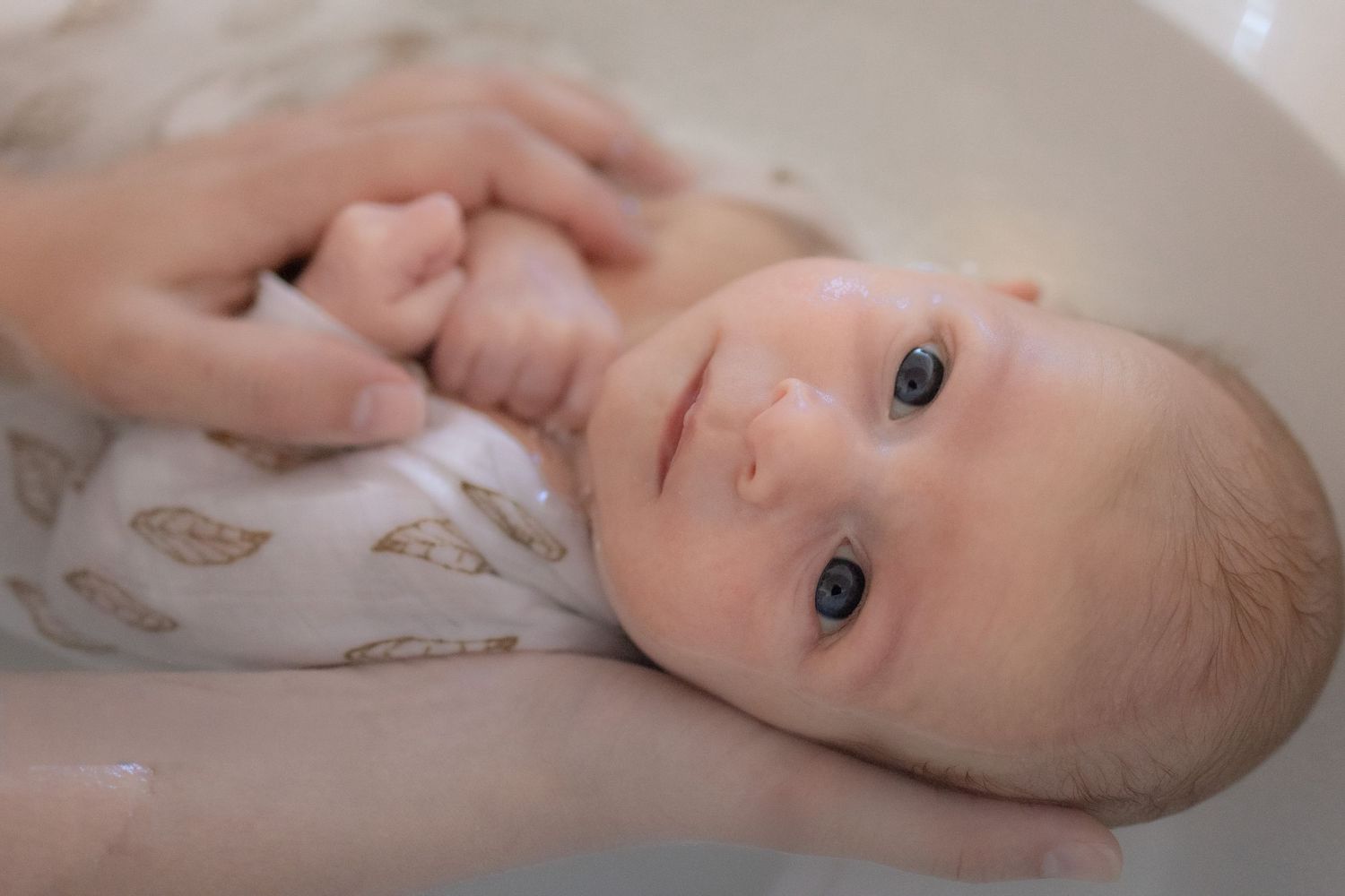 Close-up of a blue-eyed newborn baby wrapped in a white feather-print blanket, held by adult hands.