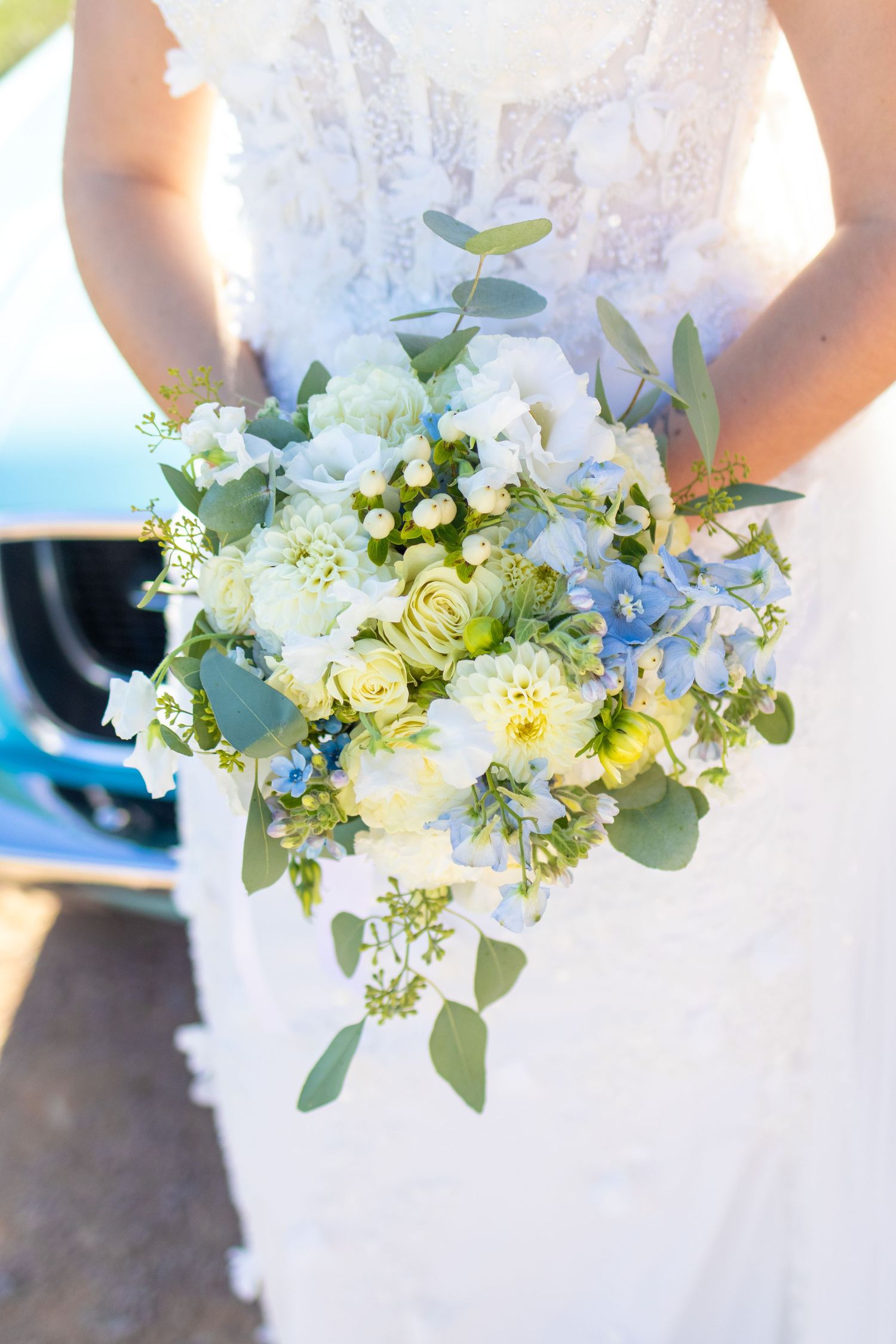 Bride in white lace gown holding a cascading bouquet of blue hydrangeas, white roses, and eucalyptus greenery.