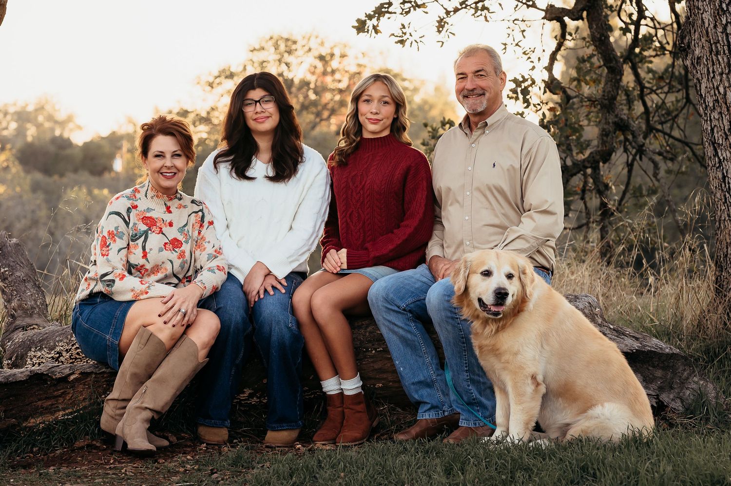 Family with their dog, near sunset in Orangevale, CA
