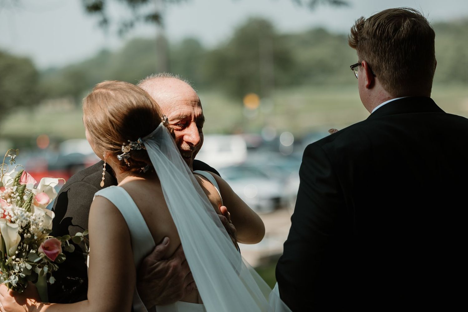 A series of candid wedding moments showing the couple laughing and embracing outdoors.