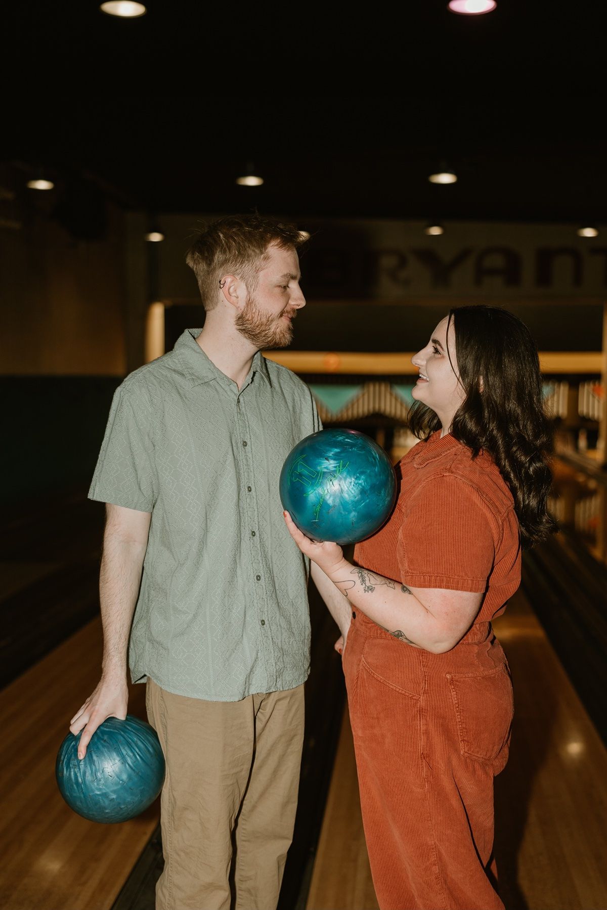 Bowling alley engagement session at Bryant Lake Bowl in Uptown, Minneapolis.
