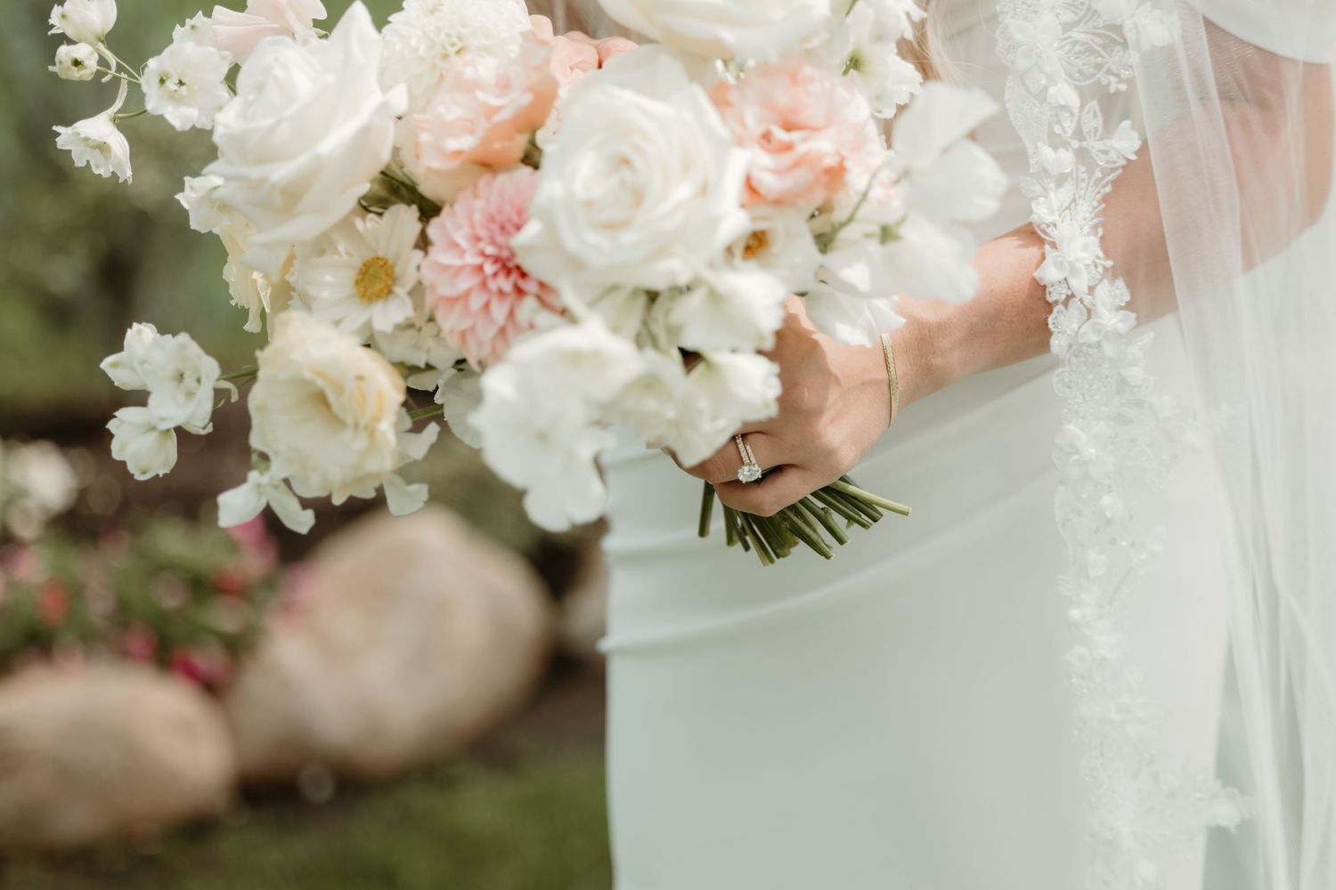 Long Way Floral wedding bouquet in a romantic color palette.