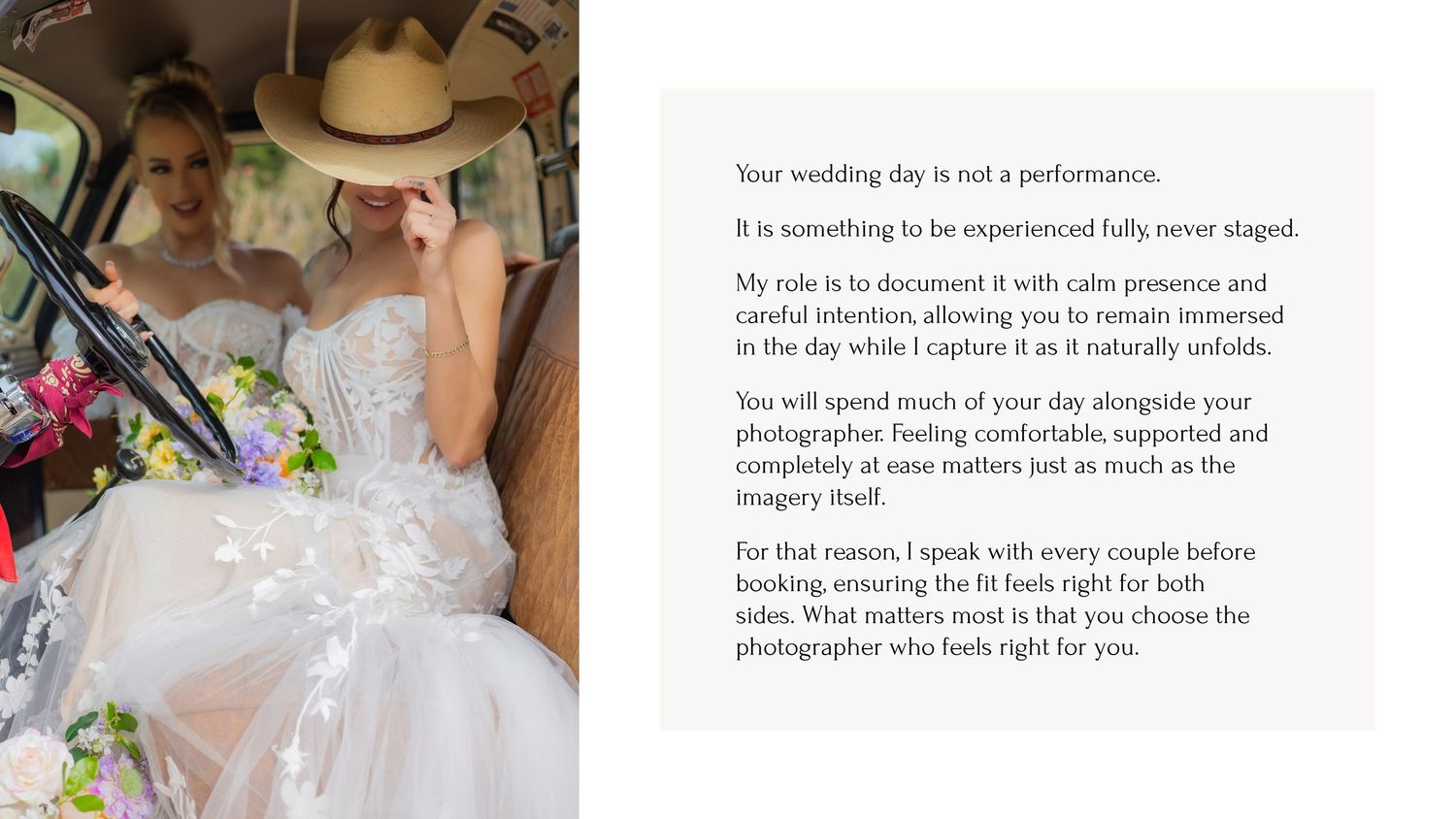 A bride in a white wedding dress sits in a car surrounded by photography equipment and gear.