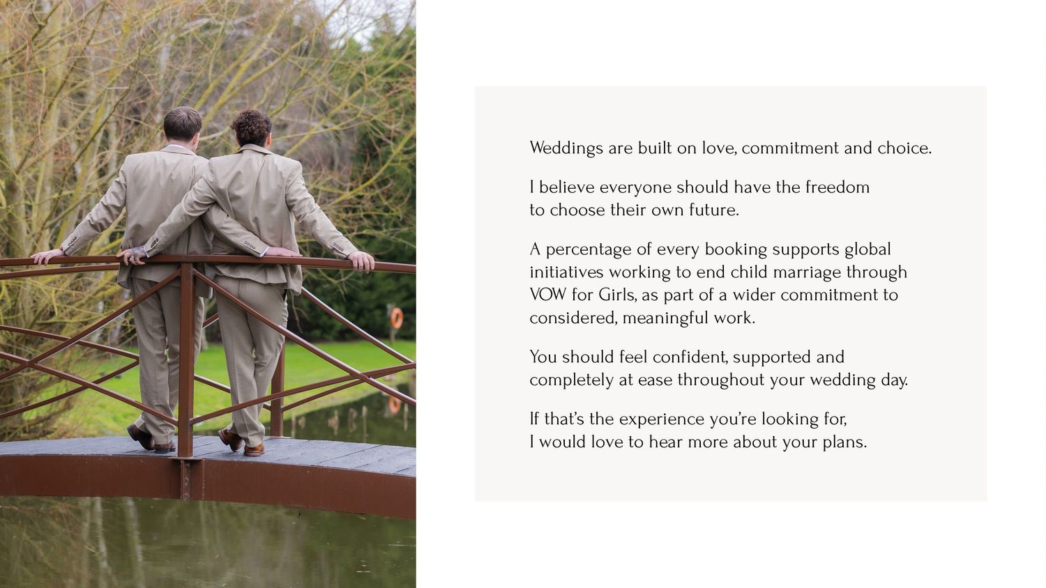 Two people stand close together on a wooden bridge with inspirational text overlaid on the right side of the image.
