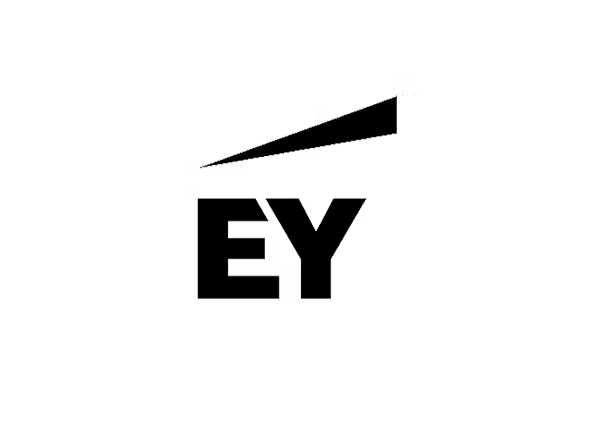 EY Ernst & Young logo in black featuring bold letters and a diagonal line graphic on white background.