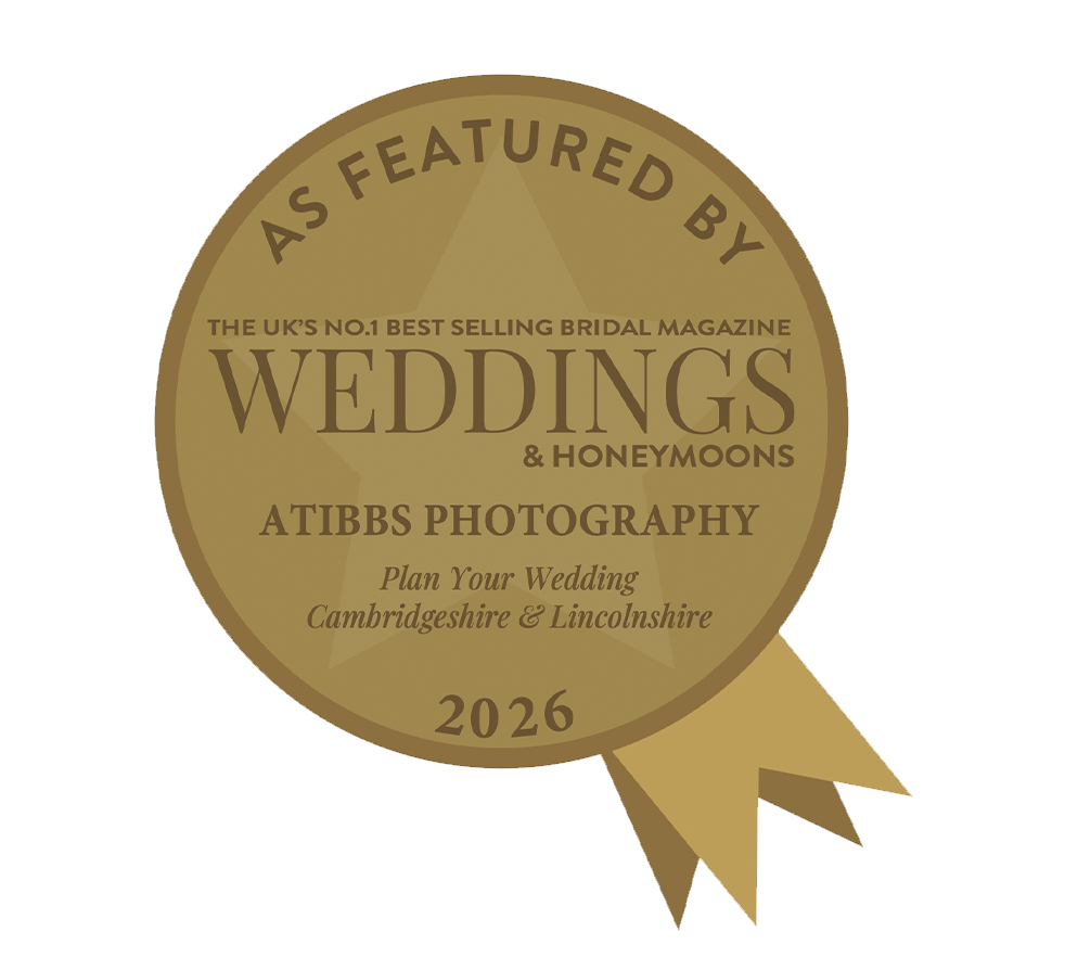 Gold badge featuring Atibbs Photography as featured in Weddings & Honeymoons UK No.1 bridal magazine for Cambridgeshire & Lincolnshire 2026.