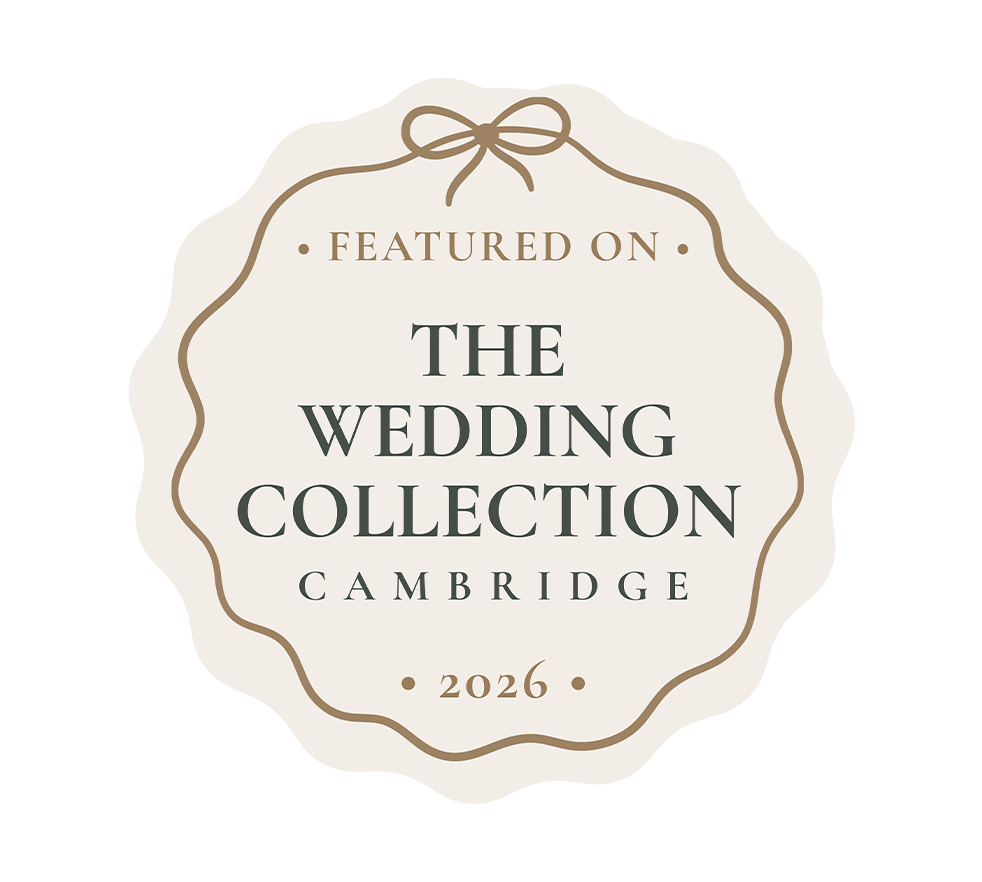 Elegant beige and white wedding collection badges with decorative frames.