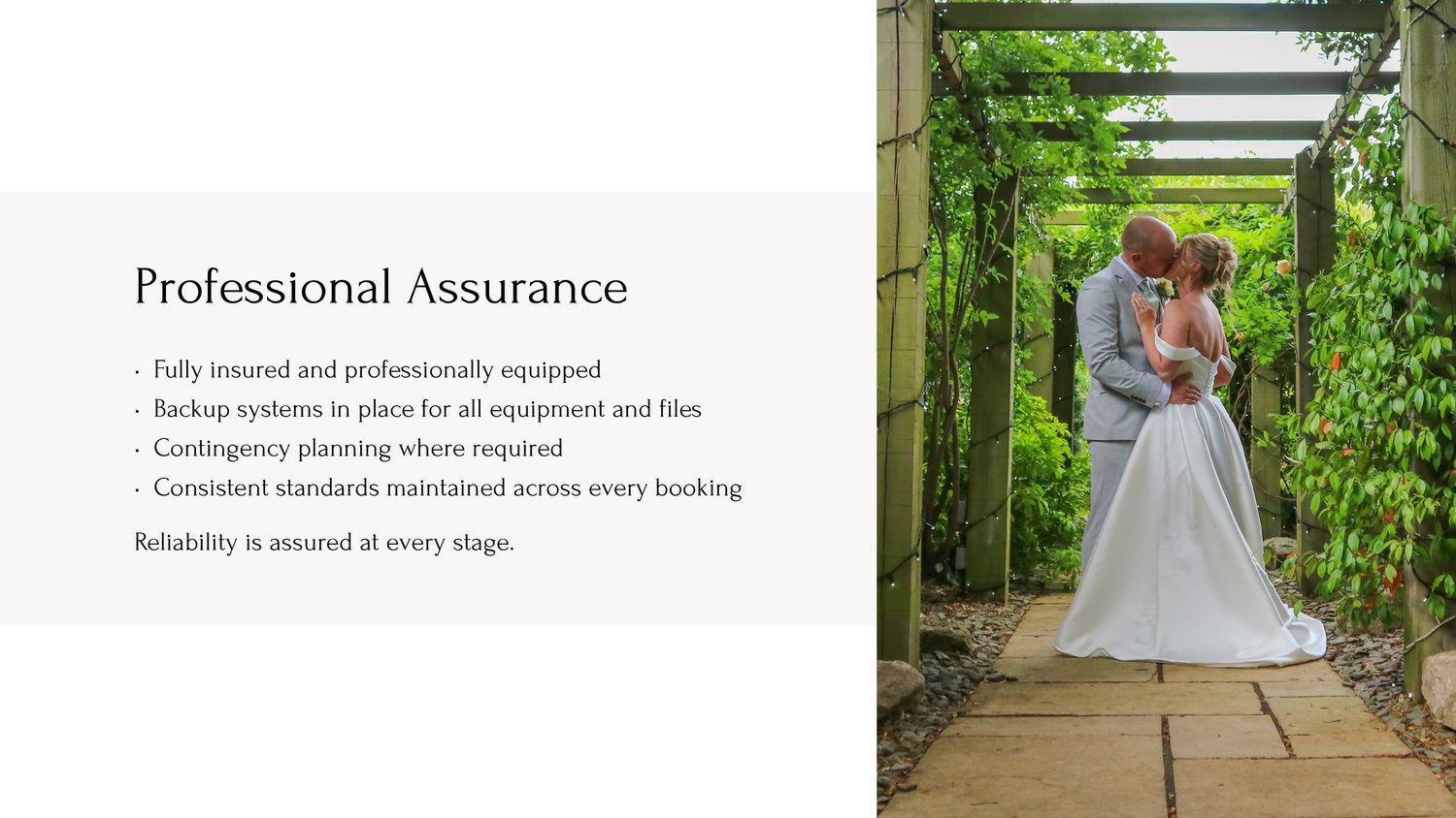 Elegant couple embraces under a lush green garden pergola next to professional assurance text overlay.