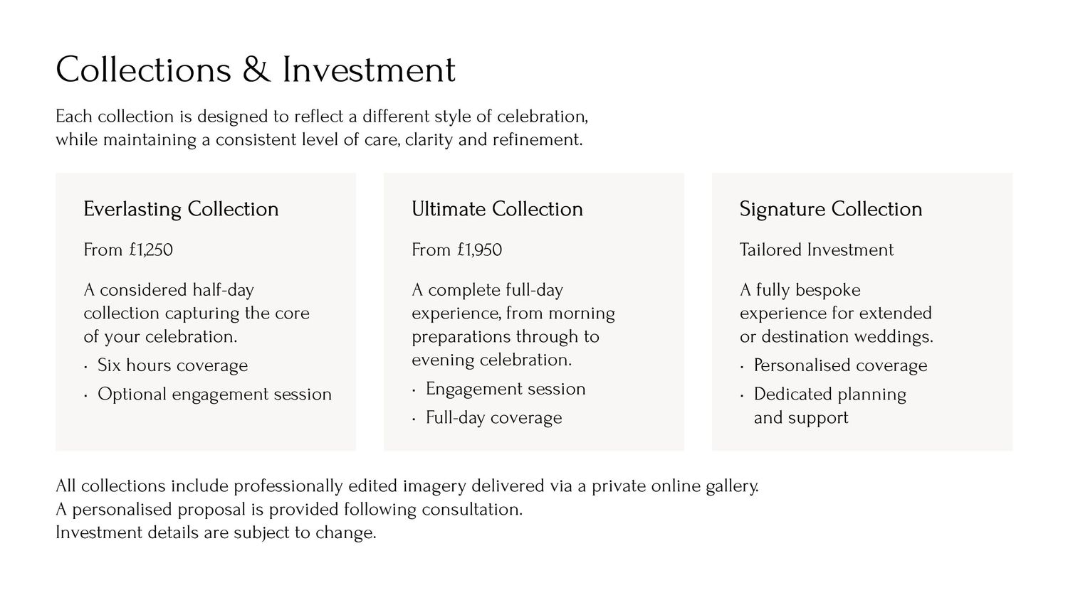 A horizontal chart showing different investment collection tiers with increasing levels of coverage and benefits.