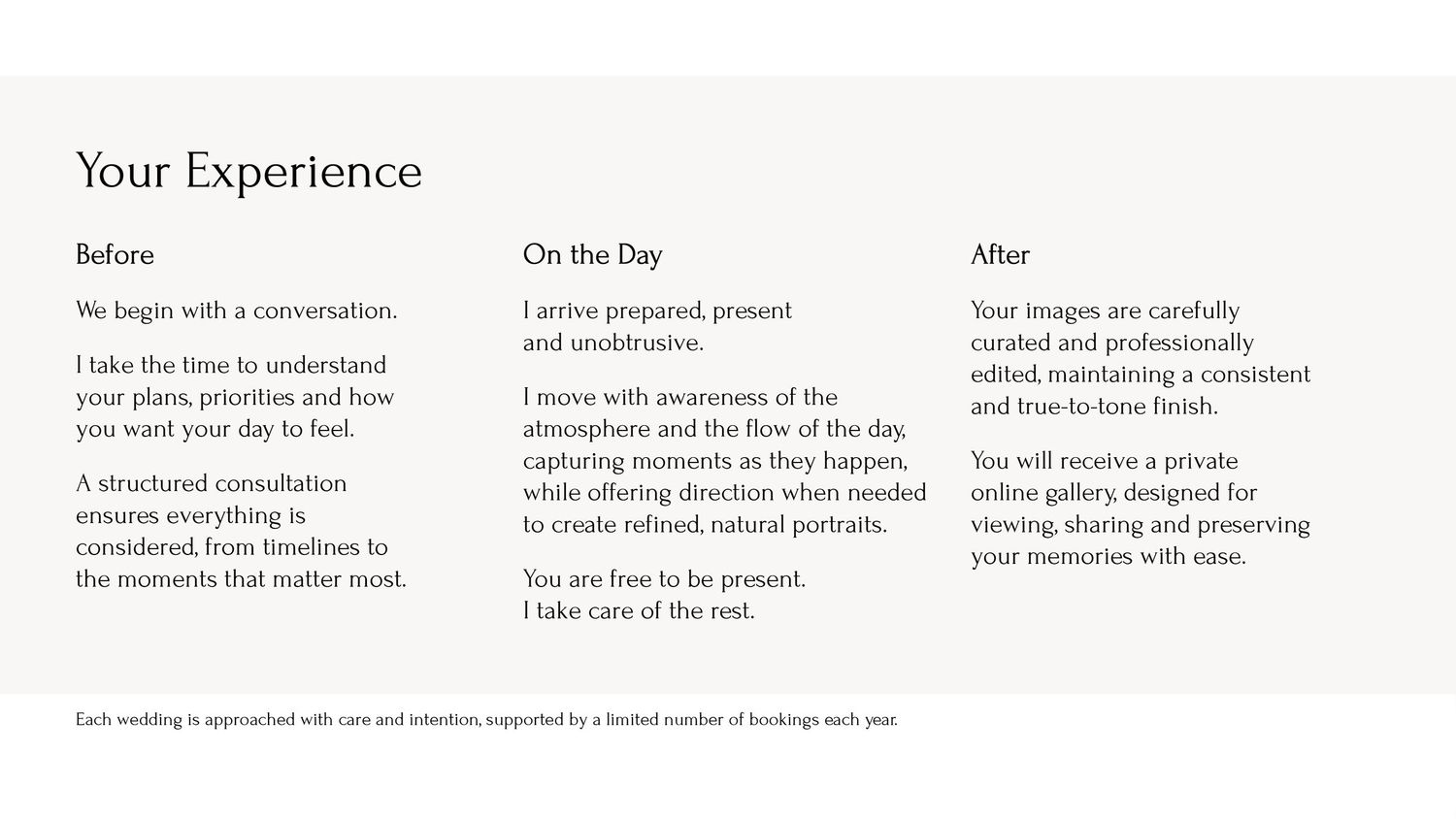 A minimalist timeline infographic showing three columns labeled 'Before', 'On The Day', and 'After' with text descriptions.