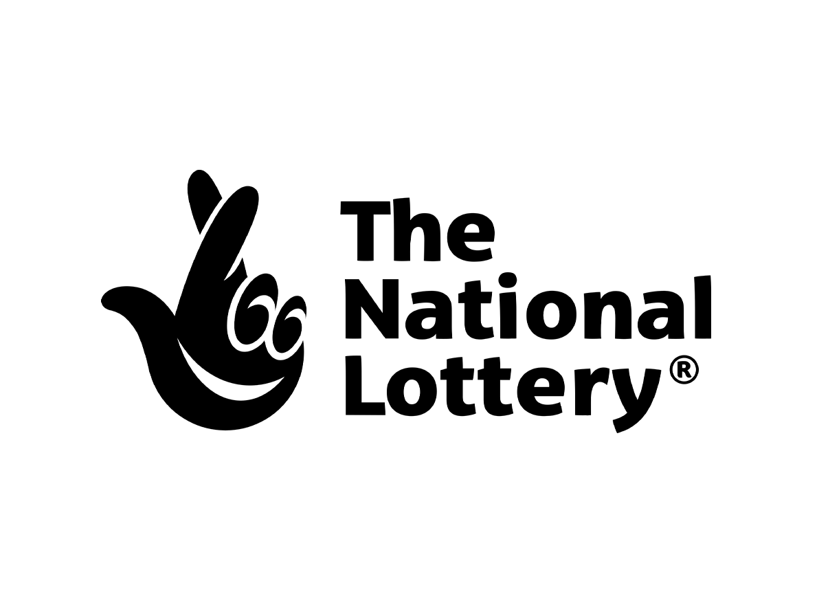 The National Lottery official logo featuring a hand with raised fingers and lottery balls in black and white.