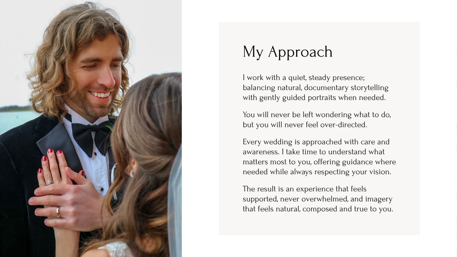 A collage of wedding photography website pages showing text content and a couple embracing in black and white.