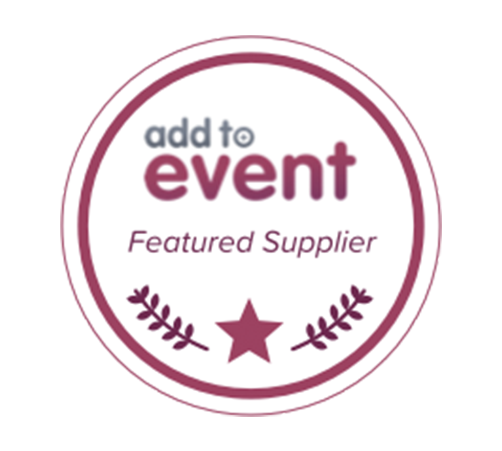 Add to Event Featured Supplier badge, a circular seal with star and laurel design in burgundy and white.