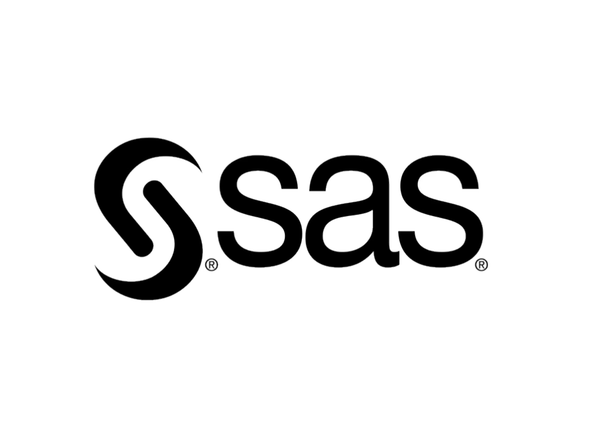 SAS Institute logo featuring the iconic swirl symbol alongside bold black SAS lettering on white background.