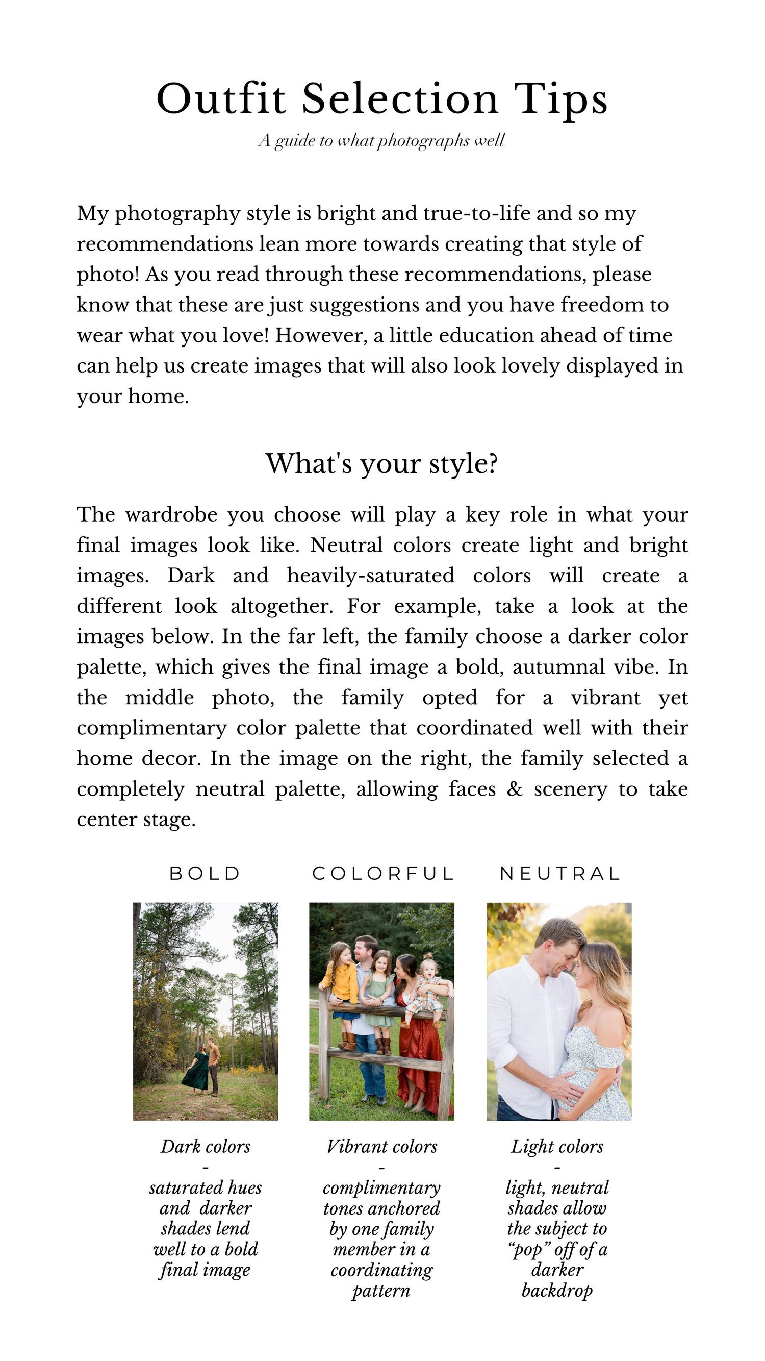 Outfit selection guide showing three style categories with example photos.
