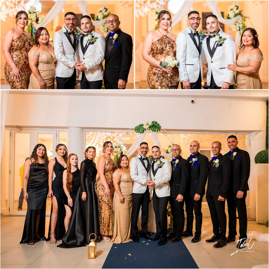 Wedding bridal party in formal attire posing for group photos in gold and black color scheme.
