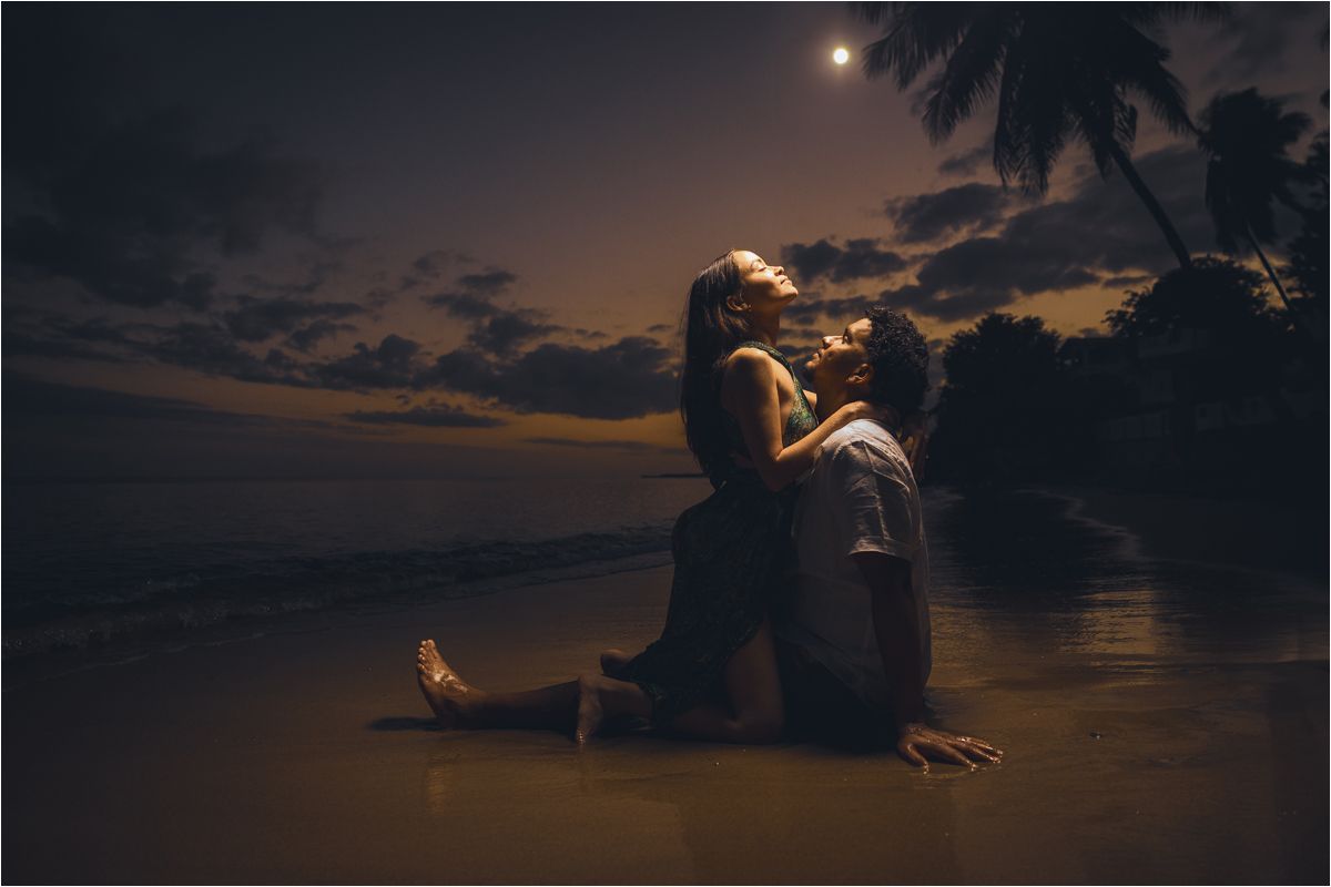 A silhouetted couple embraces on a moonlit tropical beach with palm trees in the background.