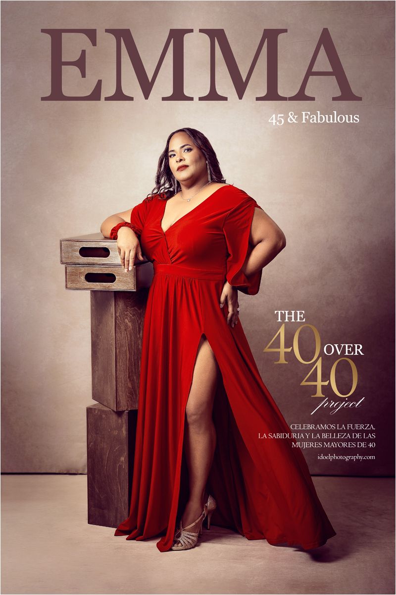 A woman in a flowing red dress poses elegantly across multiple artistic portrait shots in a studio setting.