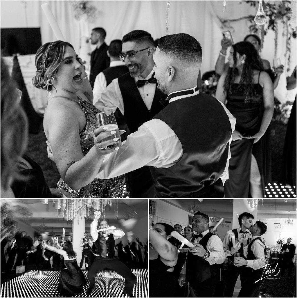 Black and white wedding photos show joyful celebration with guests dancing and socializing at an indoor reception.