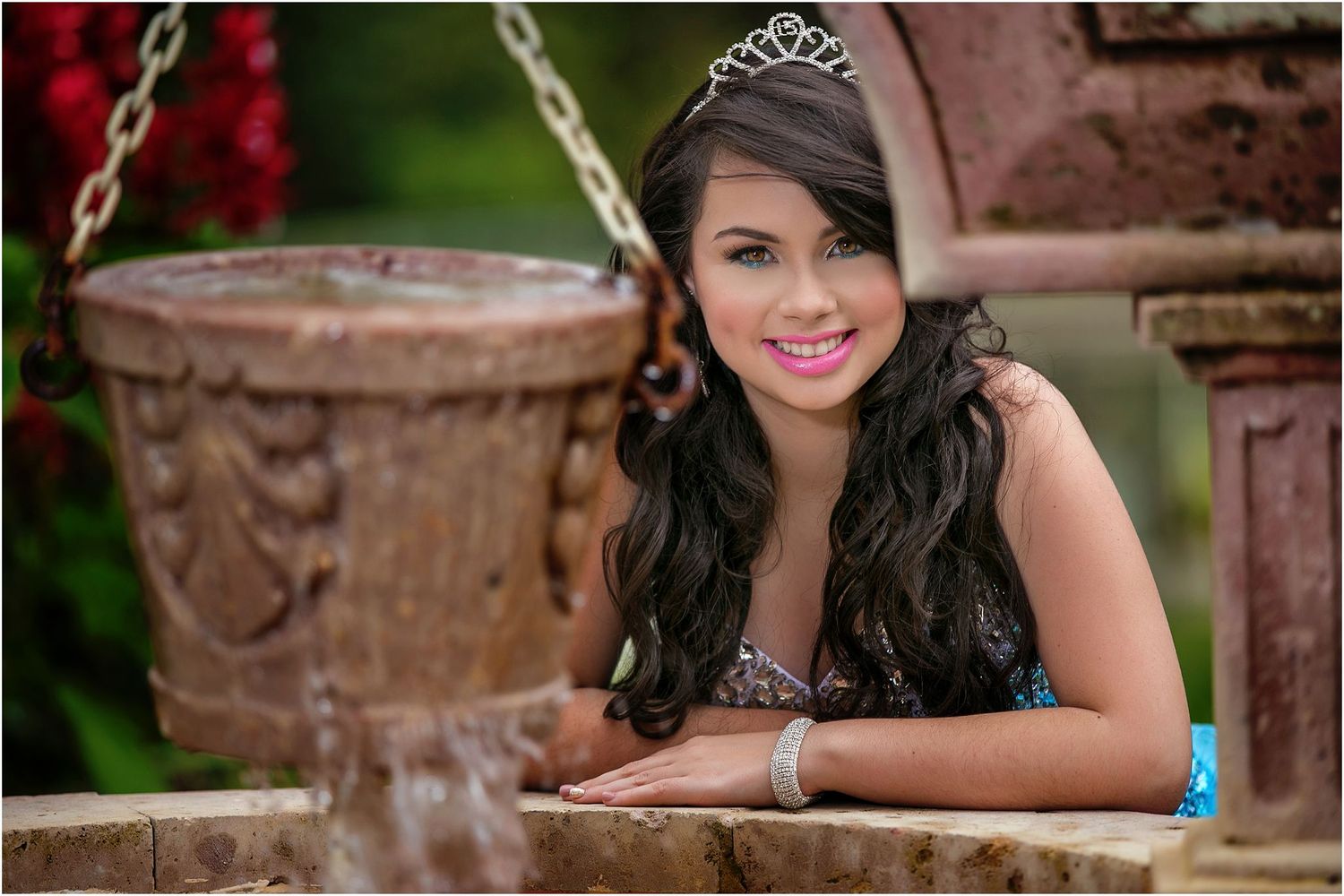 A series of outdoor quinceañera portrait photos featuring a young woman in a sparkling formal gown and tiara.