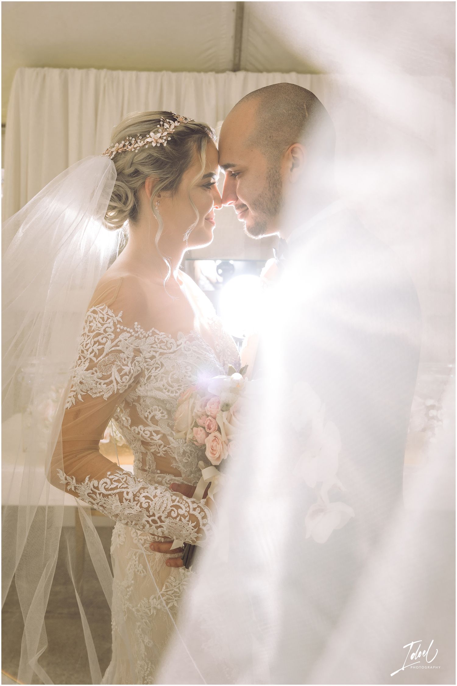 Ethereal wedding portrait with dreamy lighting and flowing veil.
