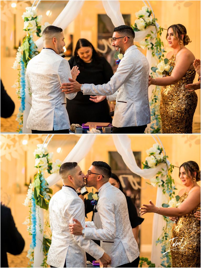 A romantic wedding ceremony shows two people in matching white jackets exchanging vows with floral decor and warm lighting.