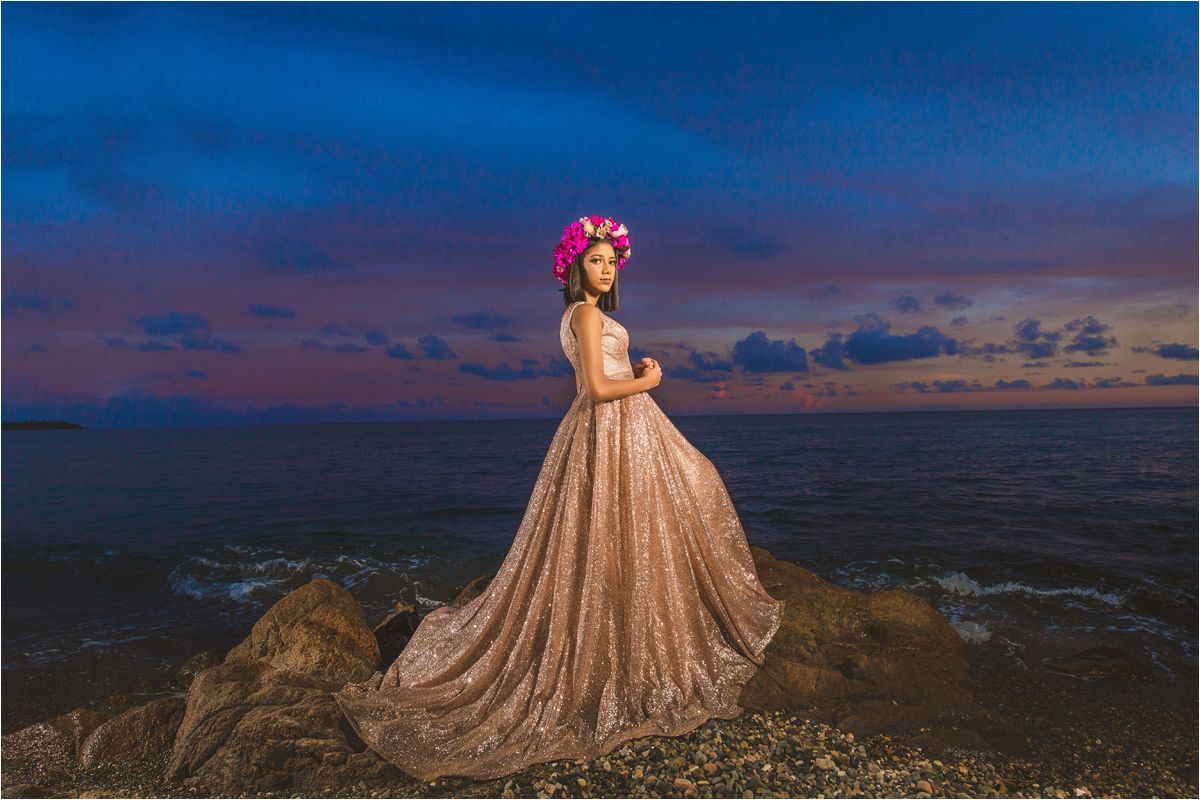 A series of landscape photos showing a dramatic sunset over mountains with a figure in a flowing dress silhouetted against the sky.