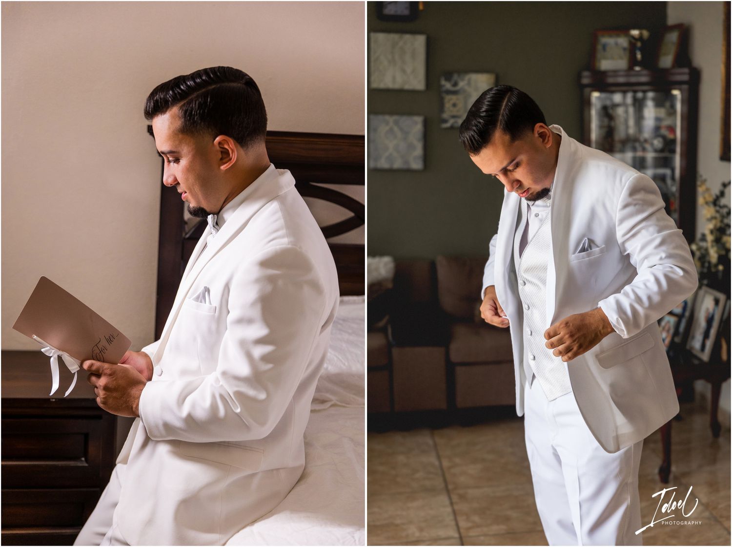 Two views of groom in white suit reading letter and adjusting jacket.