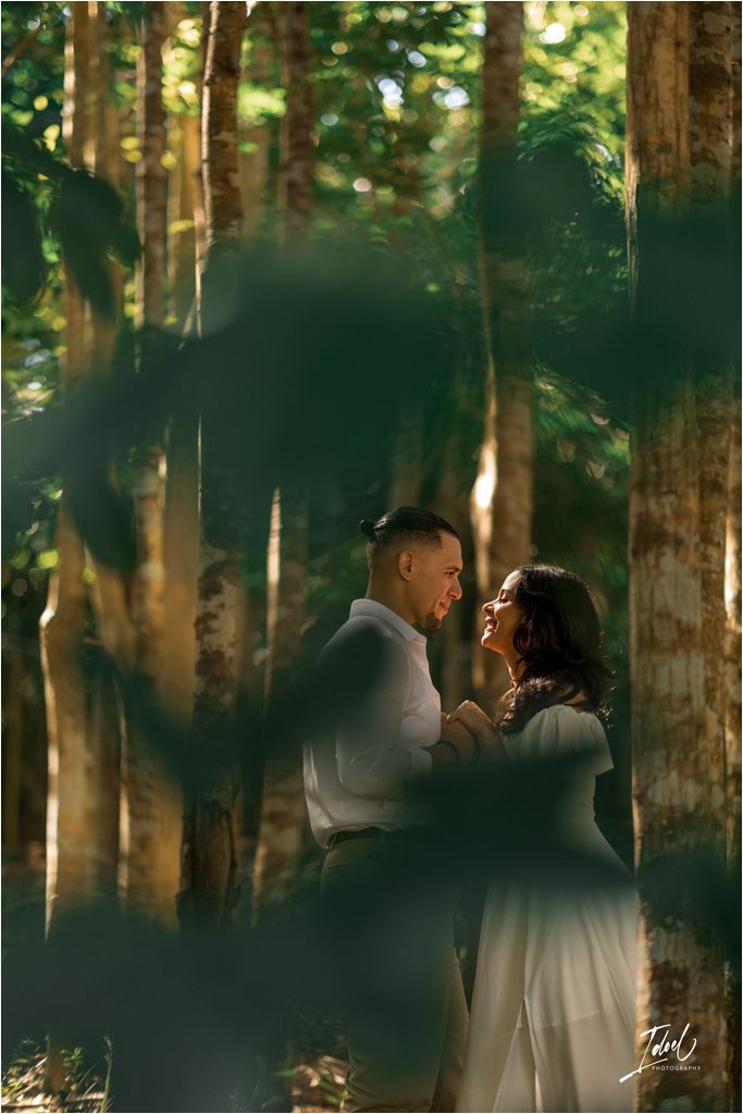 A romantic couple sharing an intimate moment in a dreamy forest setting with sunlit trees in the background.