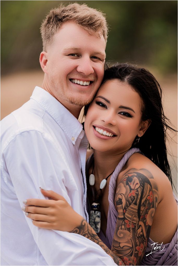 Close-up portrait of a happy couple embracing outdoors.