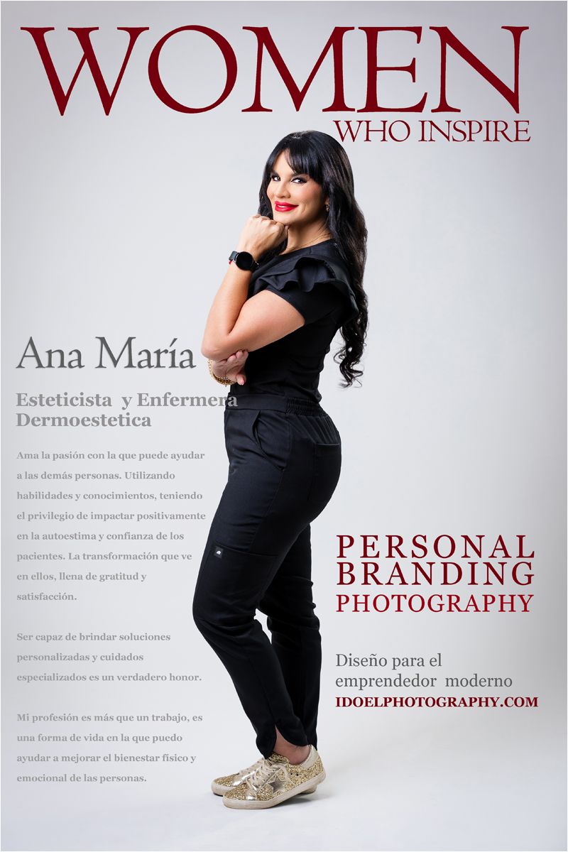 Magazine cover for Women Who Inspire featuring a woman in black attire posing against white background for personal branding.