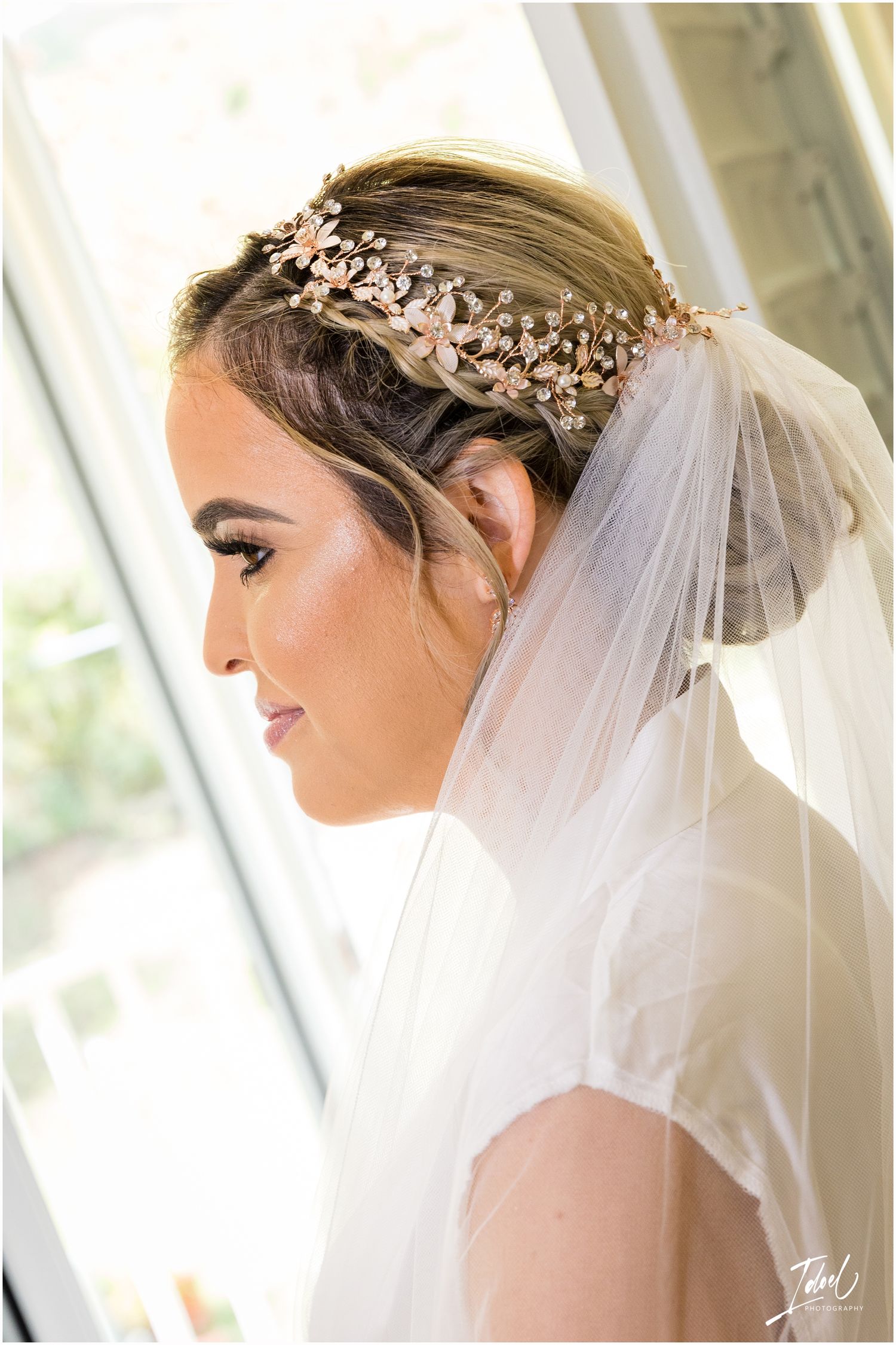 Close-up profile view of bridal hairstyle with crystal headpiece and flowing veil.