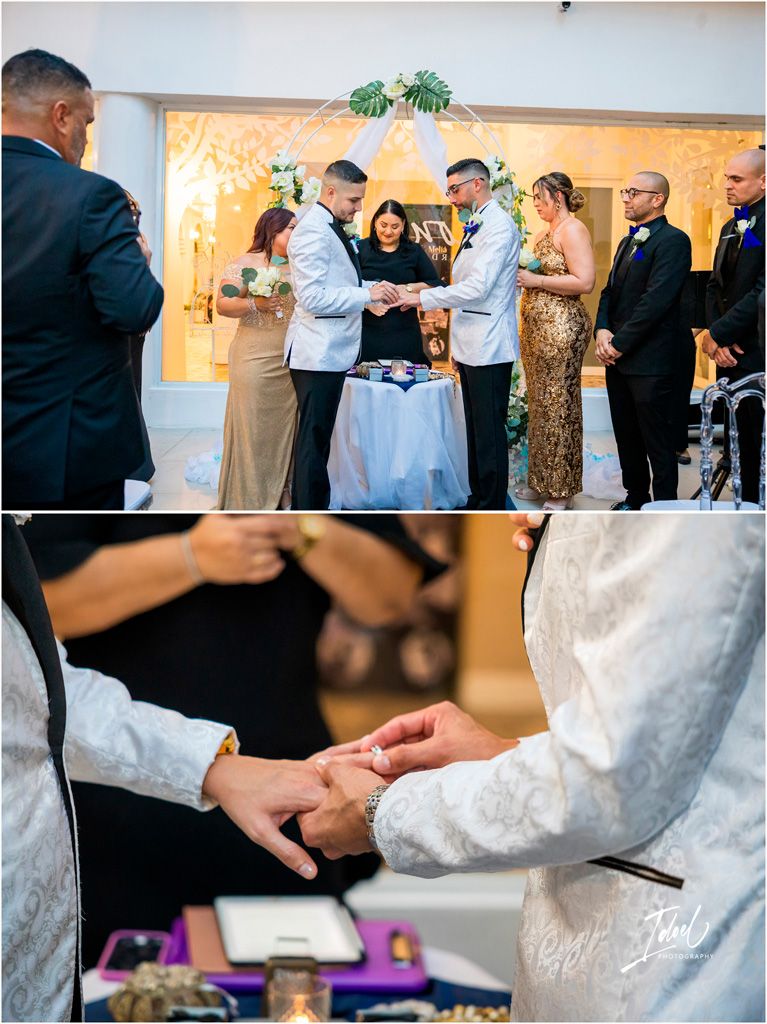 Two couples exchange rings during an intimate wedding ceremony with guests watching their special moment.