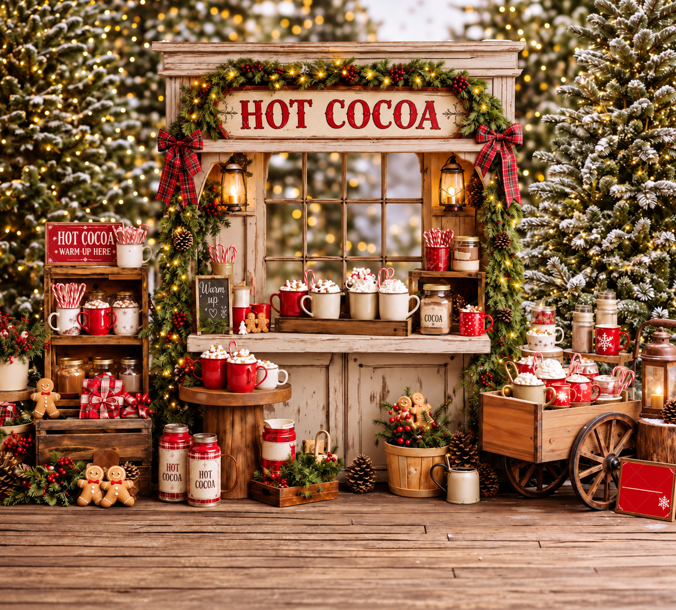 Festive hot cocoa stand decorated with Christmas greenery, red mugs, and holiday lights surrounded by snow-dusted trees.