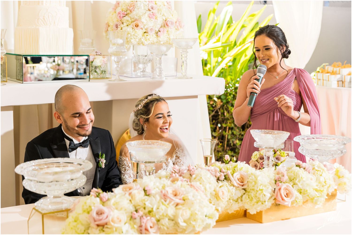 Wedding reception celebration with guests enjoying speeches and champagne toasts.