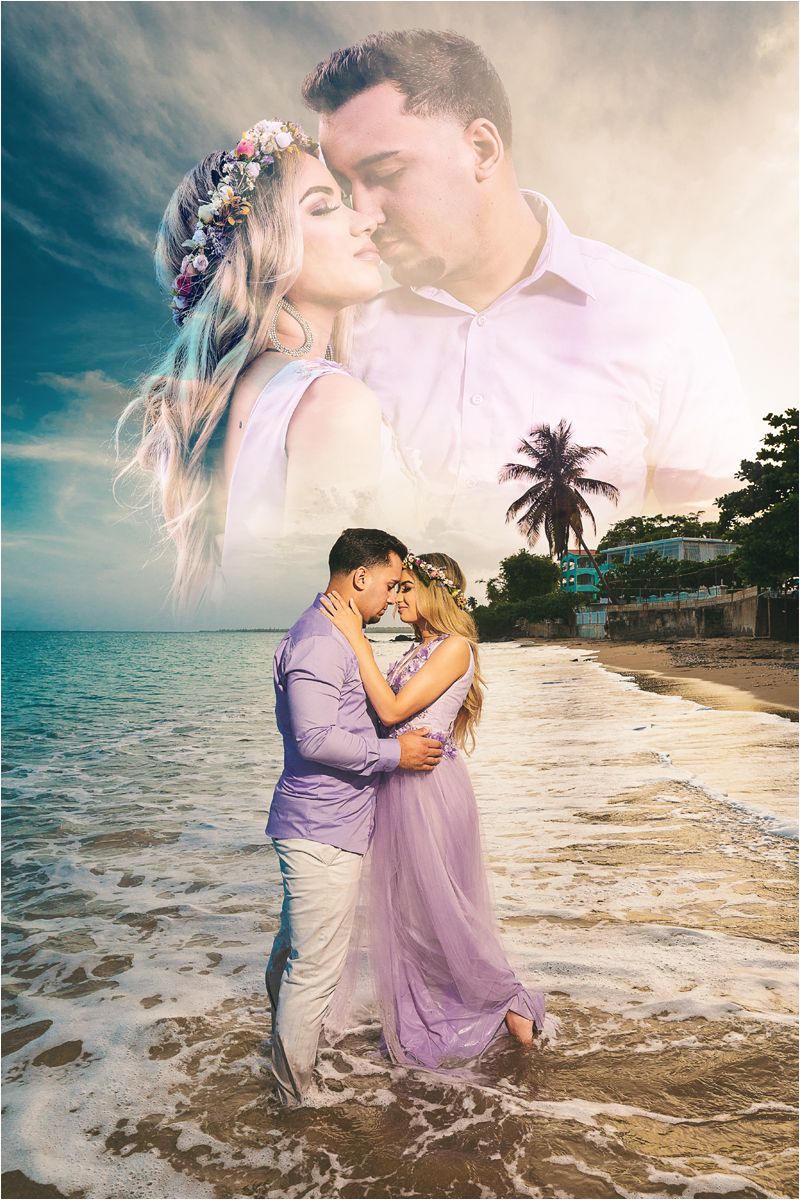 Romantic couple embraces on tropical beach at sunset with double exposure portrait and palm trees in background.