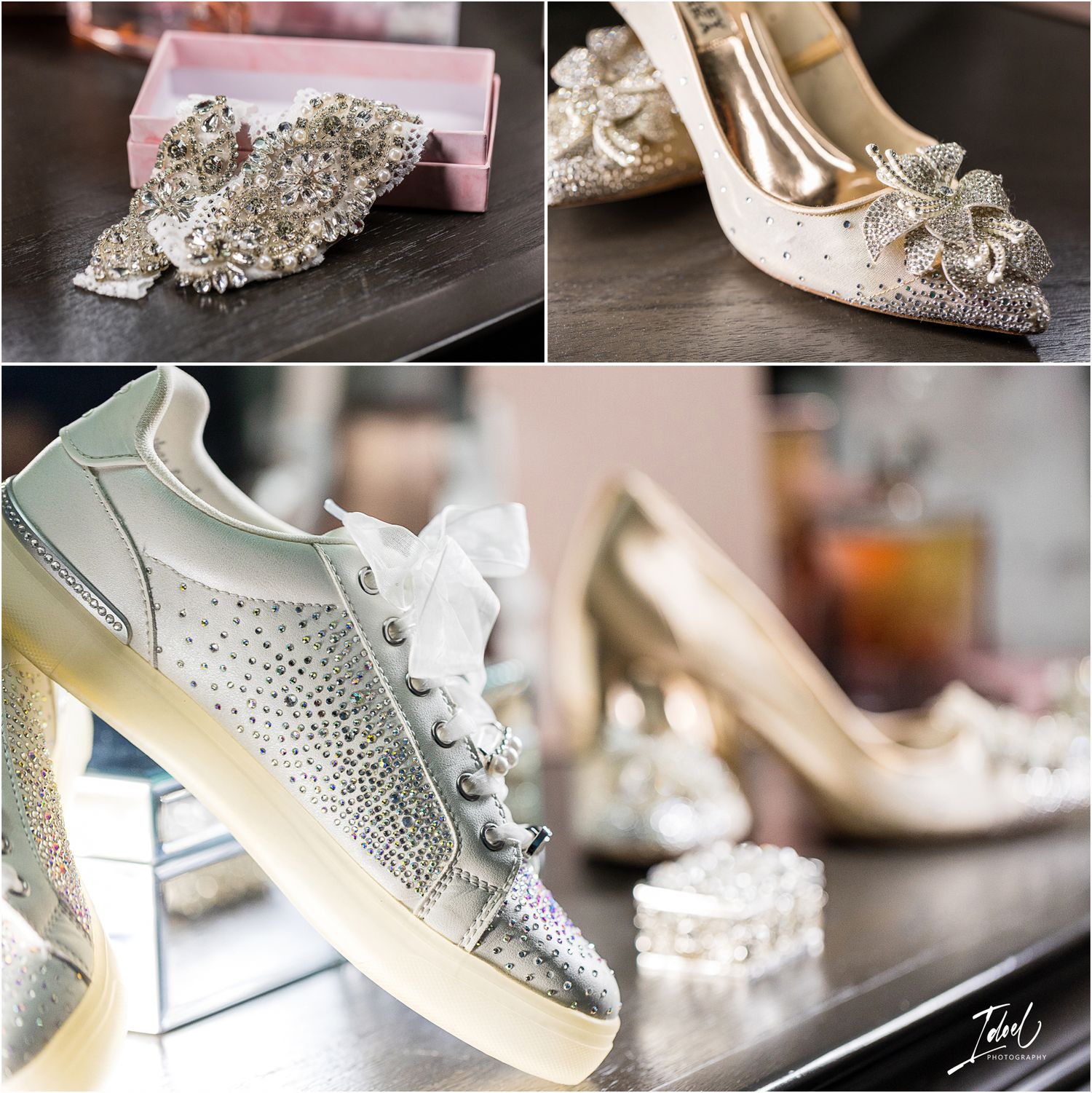 Wedding accessories featuring sparkly heels and silver sneakers with rhinestone details.