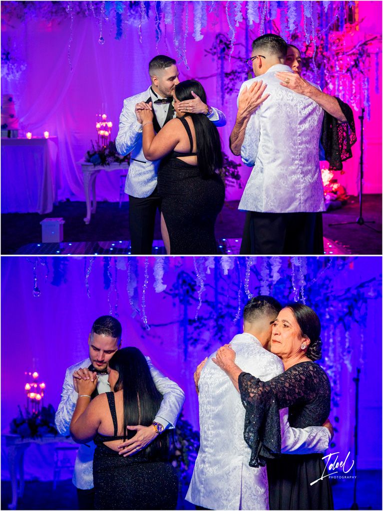 Two emotional moments captured during a celebration with purple and pink lighting creating a dramatic atmosphere at an event.