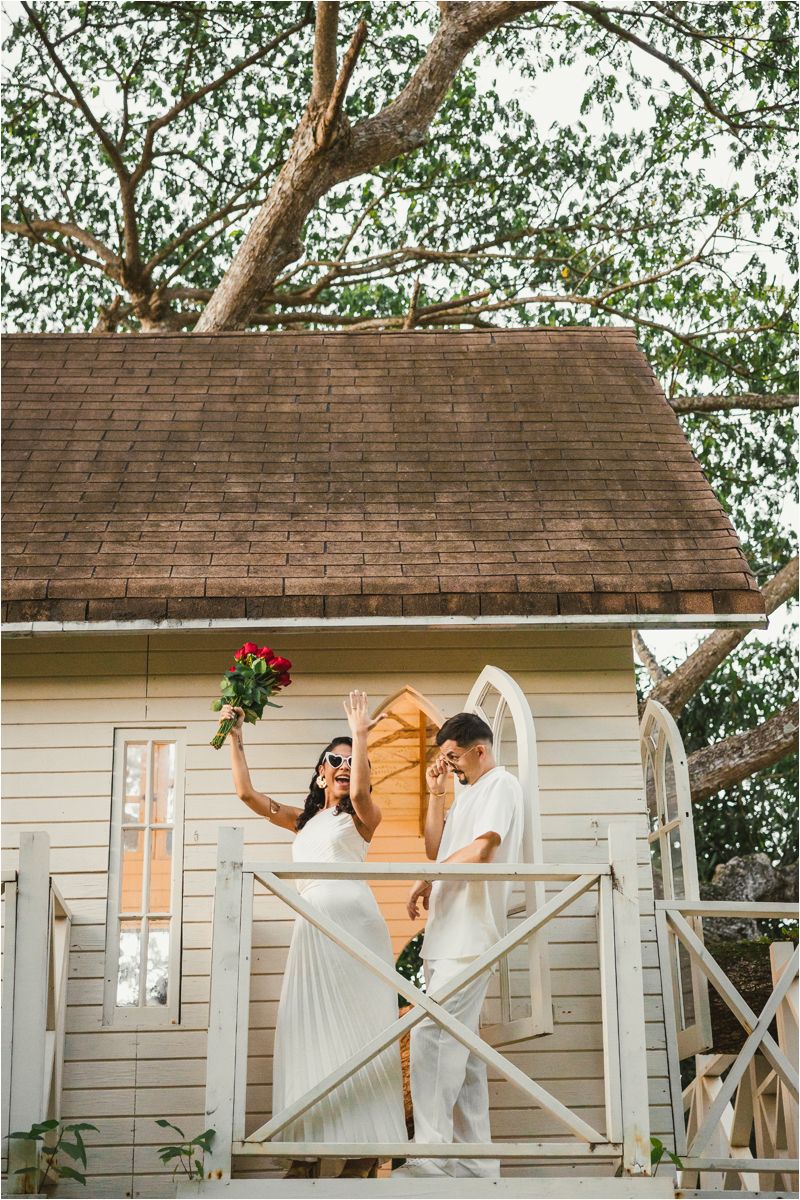 Artistic sequence shows couple dancing and celebrating on vintage white porch with greenery backdrop.