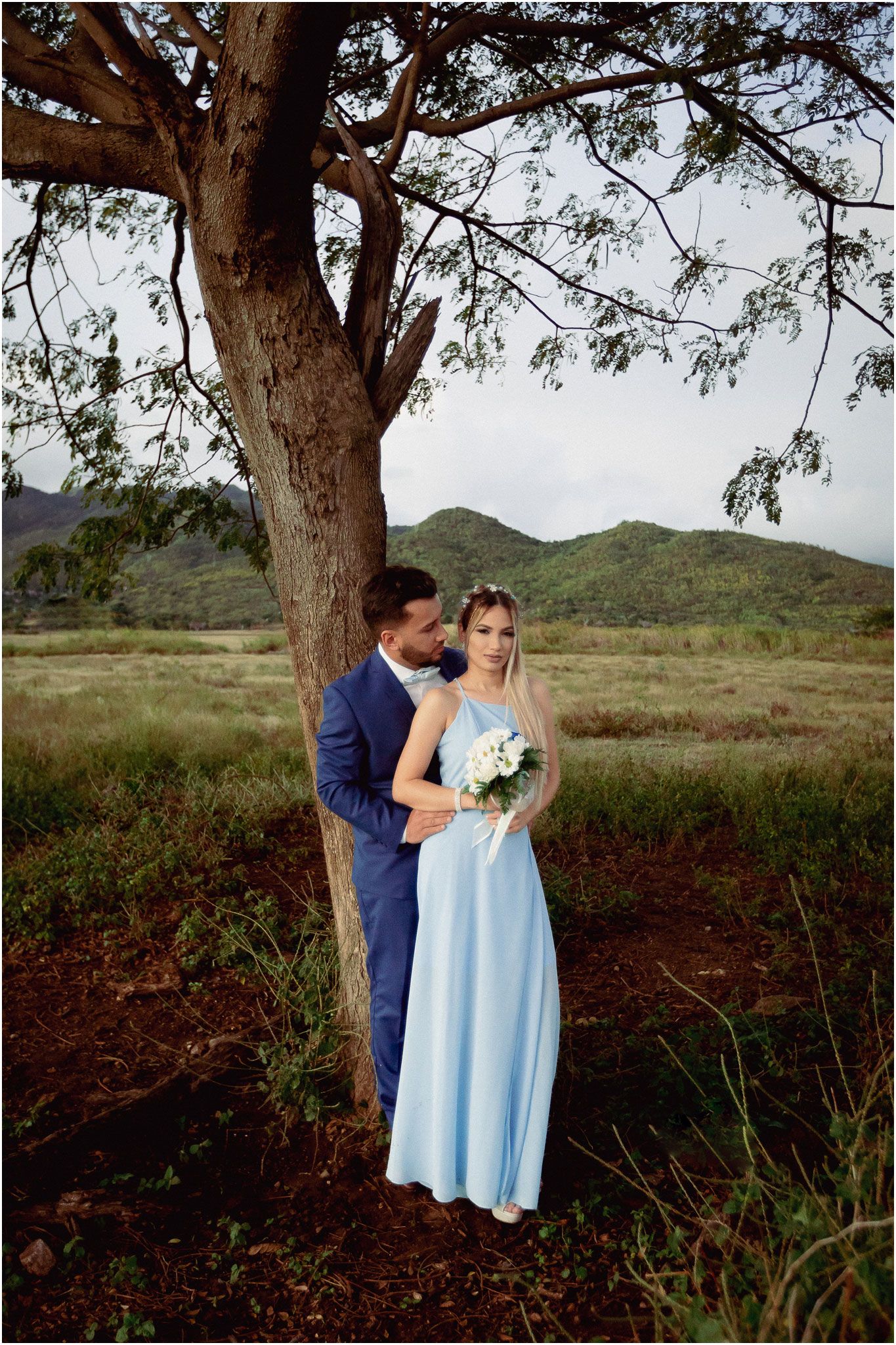 A couple poses together beneath a large tree in formal attire against rolling hills.
