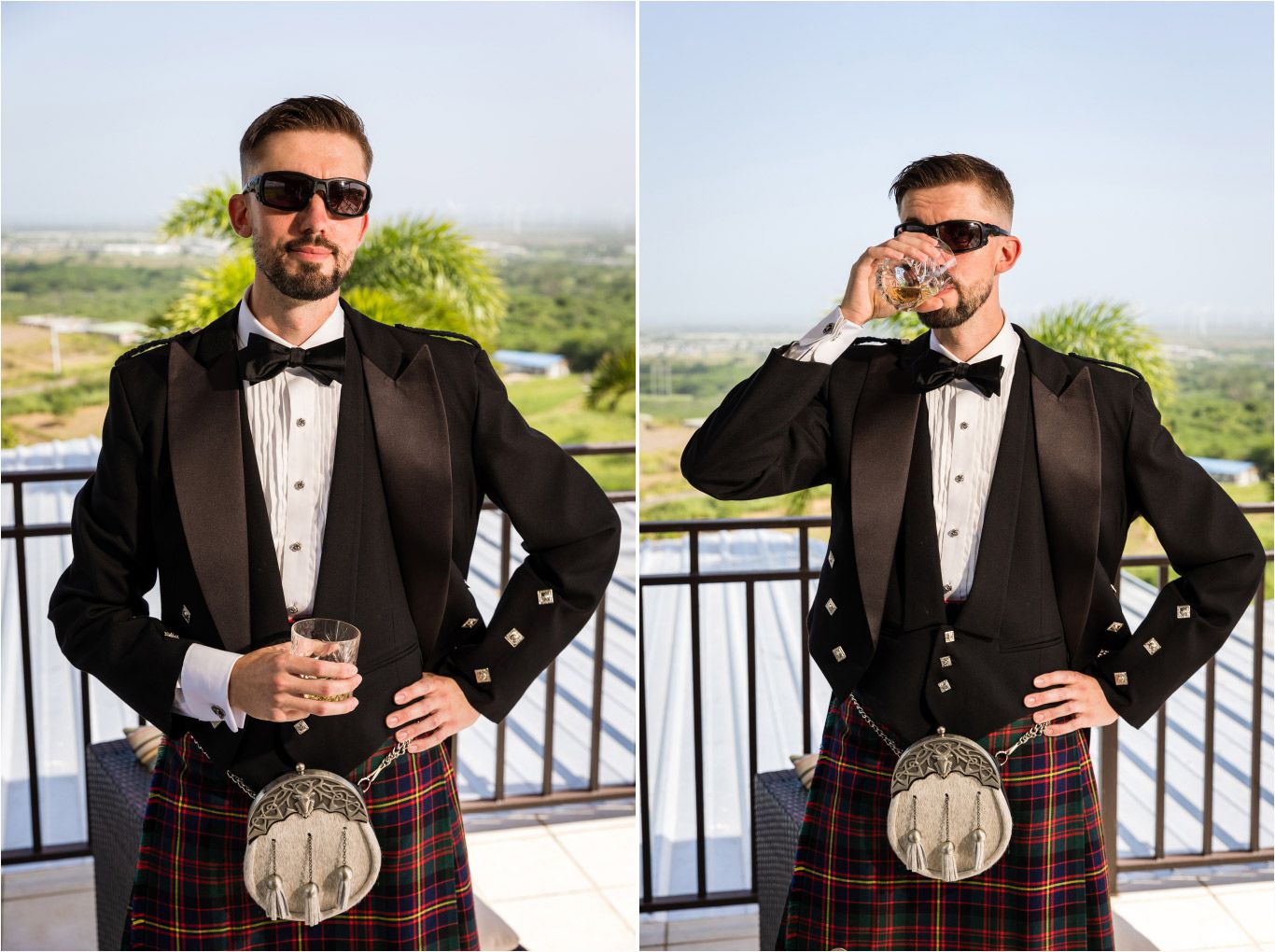 Stylish groomsman in sunglasses, tuxedo and kilt poses with drink on sunny balcony.