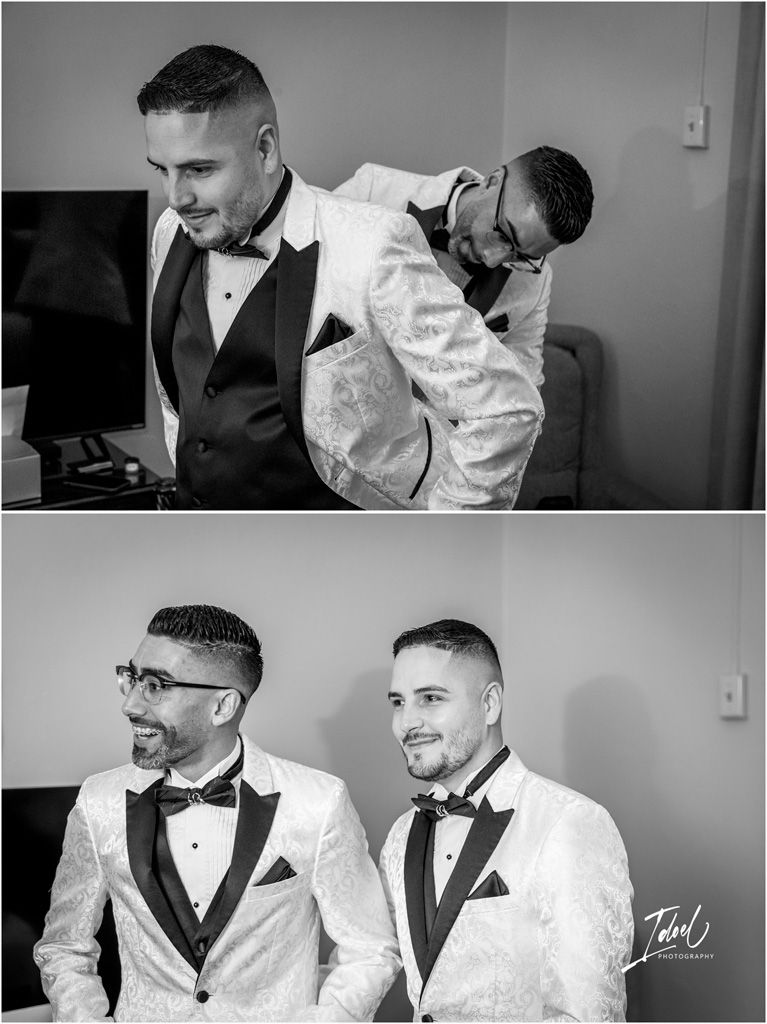 Black and white photos show two men getting ready for their wedding, wearing matching tuxedos with white jackets and black bowties.