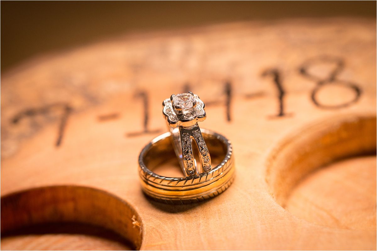 Close-up macro photos of a gold wedding ring on a textured surface show different angles and details of the band.
