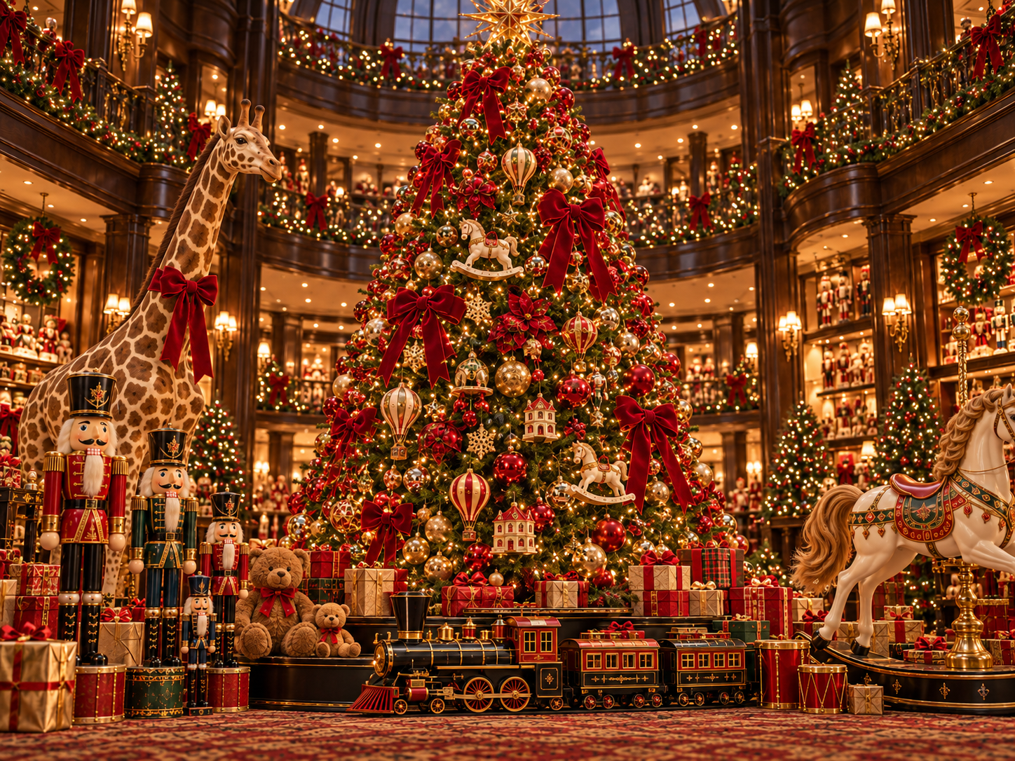 Grand Christmas tree with red ornaments, gifts, nutcrackers, carousel horse, and giraffe in an elegant holiday display.