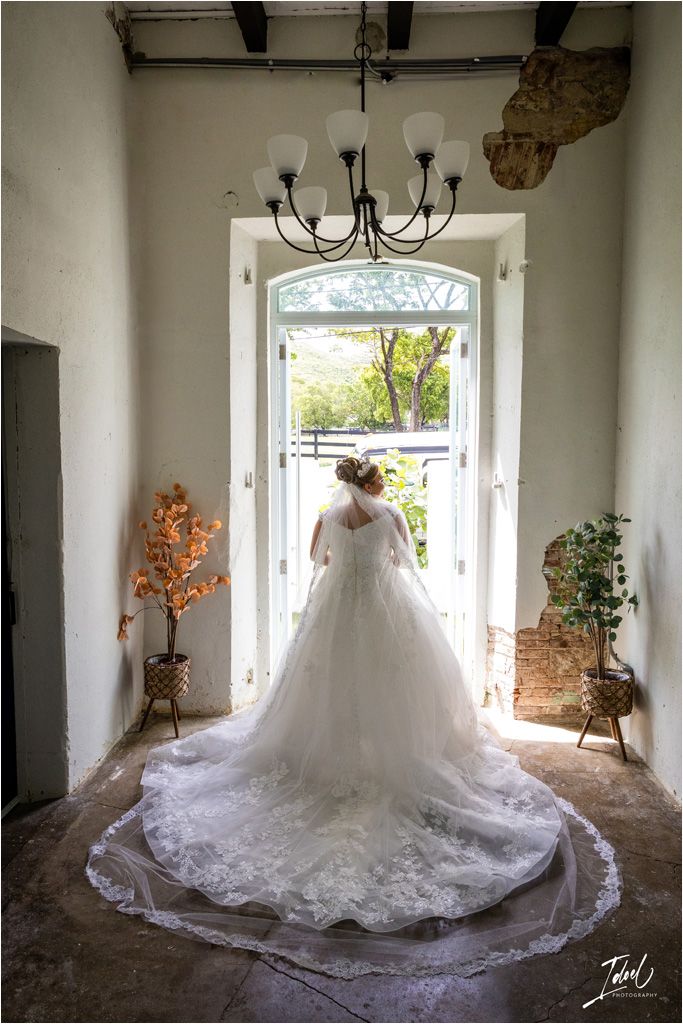 A stunning backlit silhouette of a bride in her wedding gown with train framed by an arched doorway.