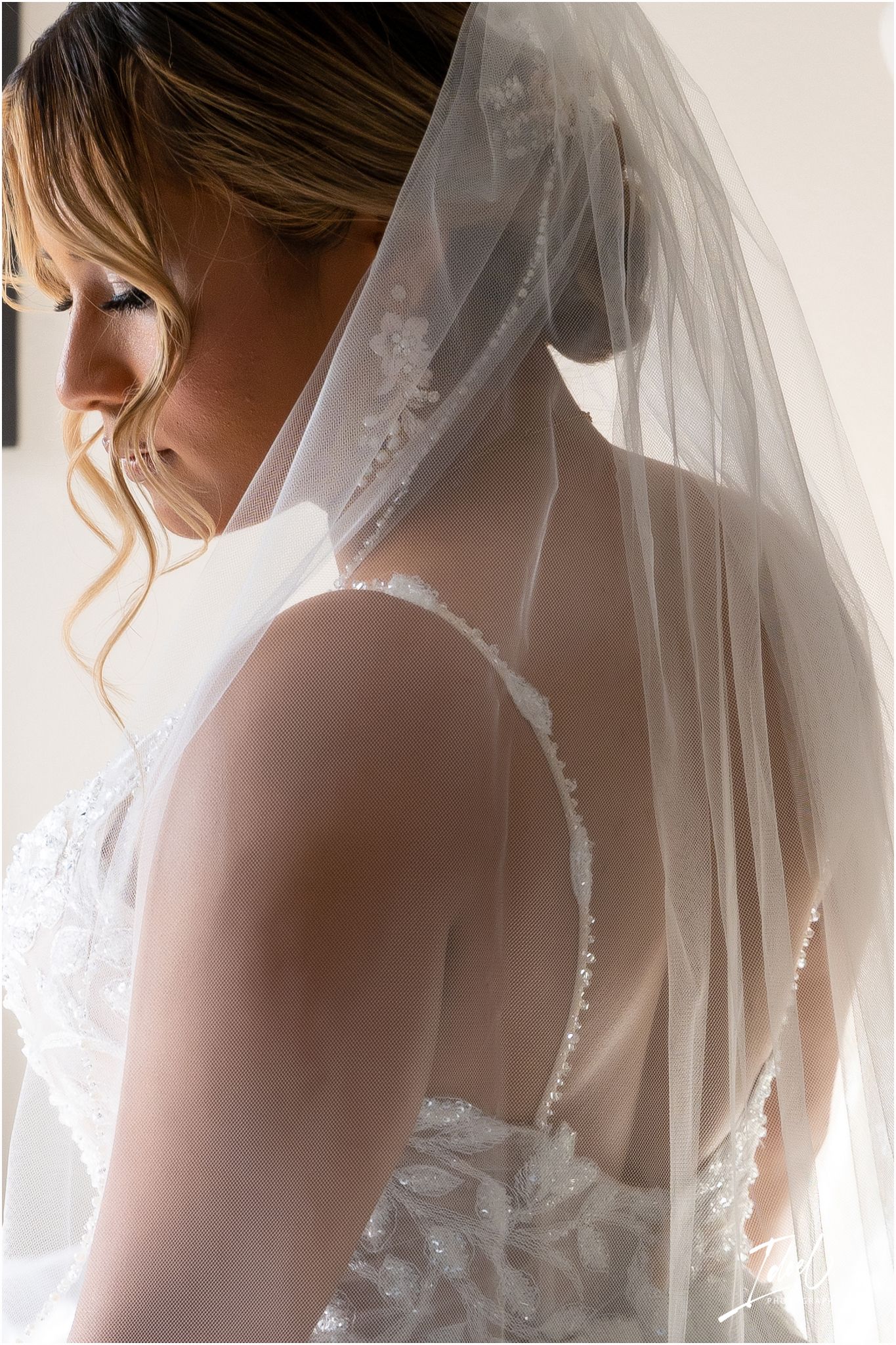 Artistic side profile shot of a bride in a flowing white veil and lace wedding dress.
