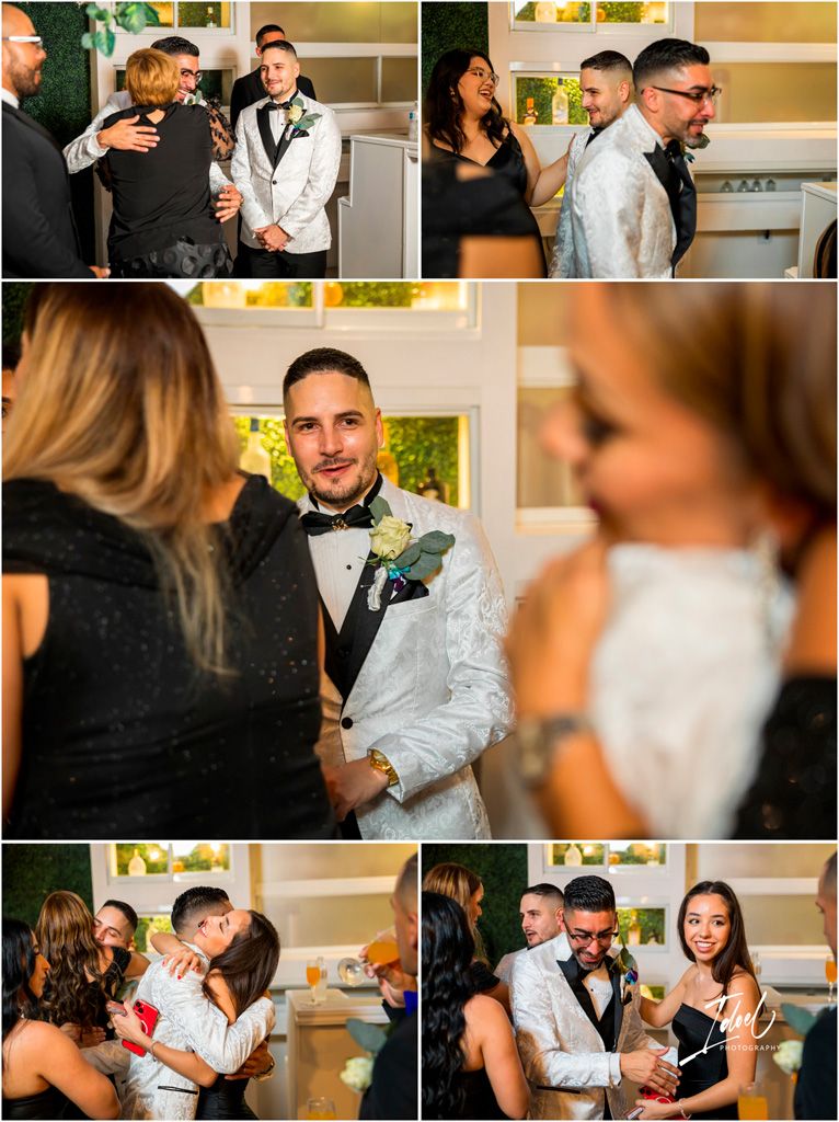 A series of candid reception photos showing guests and party attendees interacting and celebrating at a formal event.