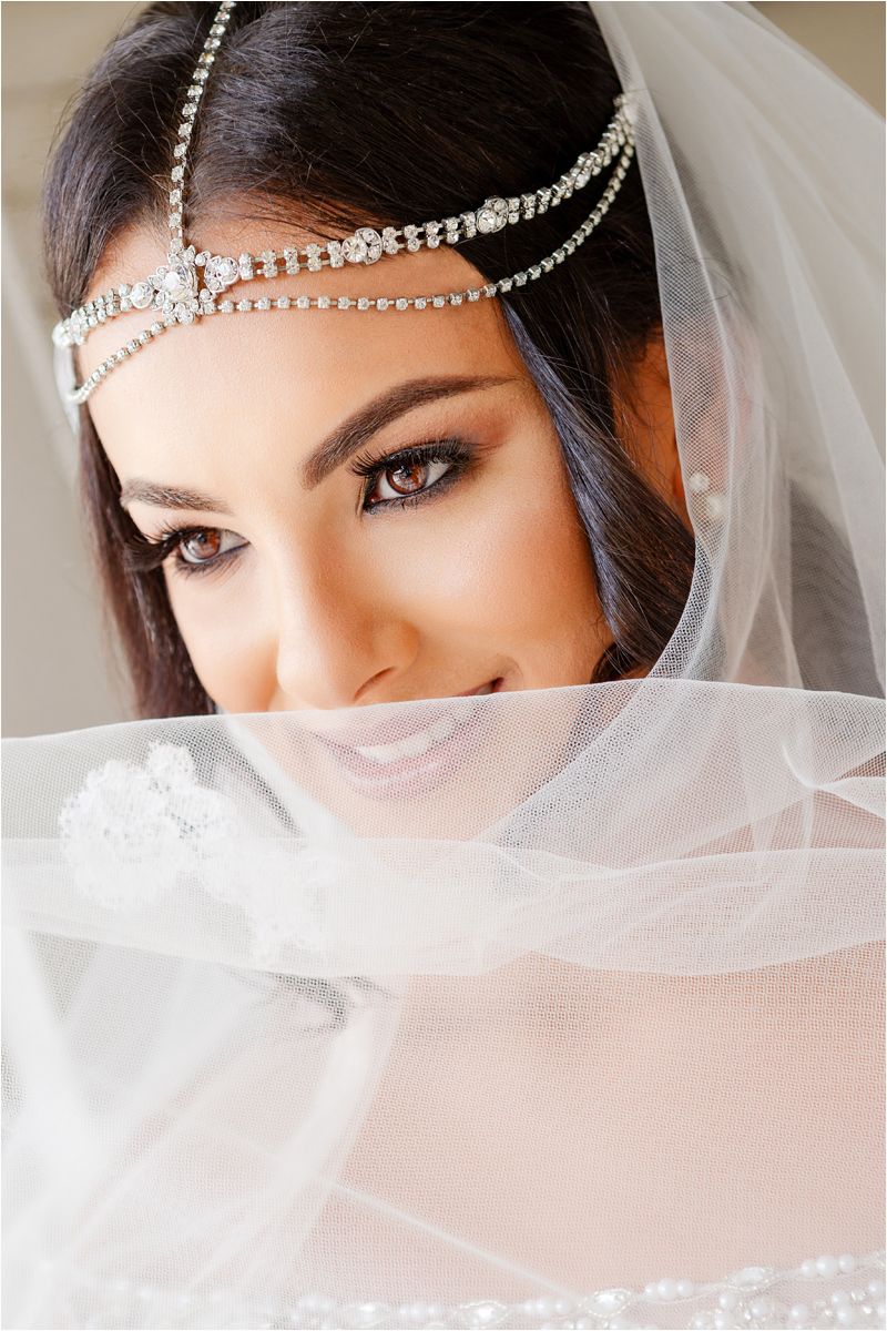 Close-up bridal portrait series showcasing crystal headpiece and delicate veil details.