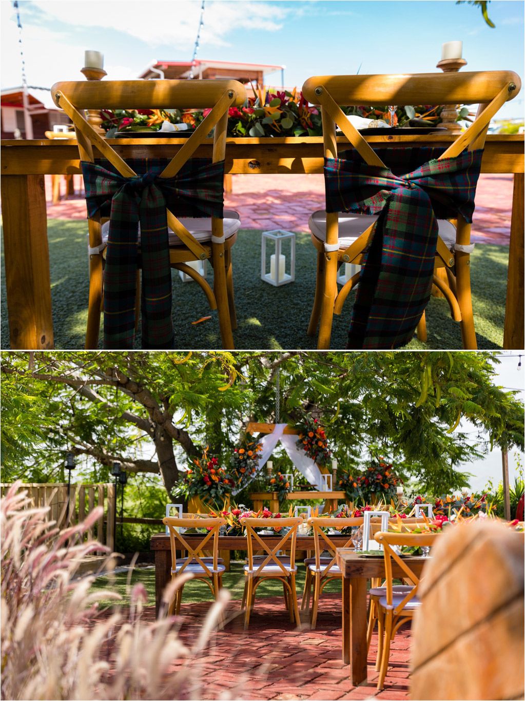 Rustic wooden crossback chairs and reception tables set up outdoors on a brick patio.
