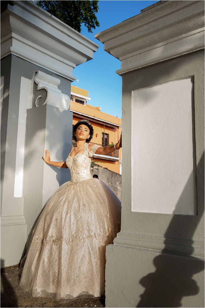 A stunning champagne ball gown with intricate lace details photographed against white columns in natural lighting.